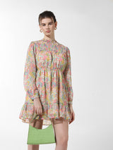 Women's Pink Woven Casual Printed Above Knee Full Sleeves Dress