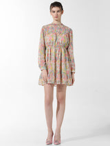 Women's Pink Woven Casual Printed Above Knee Full Sleeves Dress