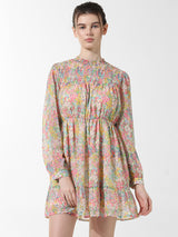 Women's Pink Woven Casual Printed Above Knee Full Sleeves Dress