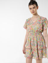 Women's Pink Woven Casual Printed Above Knee Half Sleeves Dress