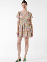 Women's Pink Woven Casual Printed Above Knee Half Sleeves Dress