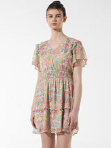 Women's Pink Woven Casual Printed Above Knee Half Sleeves Dress