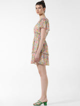 Women's Pink Woven Casual Printed Above Knee Half Sleeves Dress