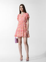 Women's Pink Woven Casual Printed Above Knee Half Sleeves Dress