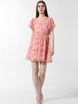 Women's Pink Woven Casual Printed Above Knee Half Sleeves Dress