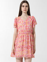 Women's Pink Woven Casual Printed Above Knee Half Sleeves Dress