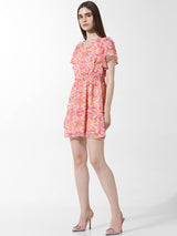 Women's Pink Woven Casual Printed Above Knee Half Sleeves Dress