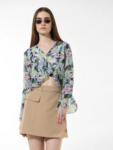 Women's Black Woven Casual Printed Cropped Full Sleeves Top