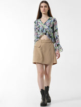 Women's Black Woven Casual Printed Cropped Full Sleeves Top