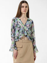Women's Black Woven Casual Printed Cropped Full Sleeves Top