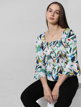 Women's Green Woven Casual Printed Regular Fit Three Quarter Sleeves Top