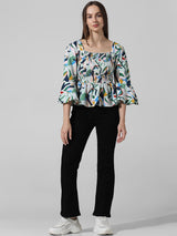 Women's Green Woven Casual Printed Regular Fit Three Quarter Sleeves Top