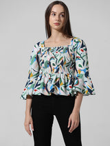 Women's Green Woven Casual Printed Regular Fit Three Quarter Sleeves Top