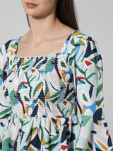 Women's Green Woven Casual Printed Regular Fit Three Quarter Sleeves Top