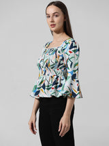 Women's Green Woven Casual Printed Regular Fit Three Quarter Sleeves Top