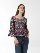 Women's Green Woven Casual Printed Regular Fit Three Quarter Sleeves Top