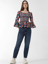 Women's Green Woven Casual Printed Regular Fit Three Quarter Sleeves Top