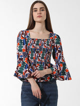 Women's Green Woven Casual Printed Regular Fit Three Quarter Sleeves Top