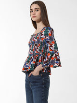 Women's Green Woven Casual Printed Regular Fit Three Quarter Sleeves Top