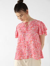 Women's Pink Woven Casual Printed Regular Fit Half Sleeves Top