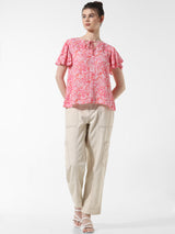 Women's Pink Woven Casual Printed Regular Fit Half Sleeves Top