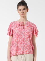 Women's Pink Woven Casual Printed Regular Fit Half Sleeves Top