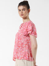 Women's Pink Woven Casual Printed Regular Fit Half Sleeves Top