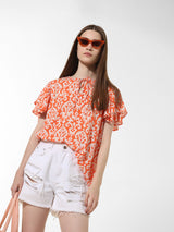 Women's Red Woven Casual Printed Regular Fit Half Sleeves Top