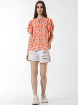 Women's Red Woven Casual Printed Regular Fit Half Sleeves Top