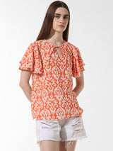 Women's Red Woven Casual Printed Regular Fit Half Sleeves Top