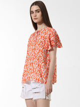 Women's Red Woven Casual Printed Regular Fit Half Sleeves Top