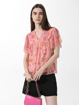 Women's Pink Woven Casual Printed Regular Fit Half Sleeves Top