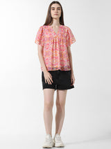 Women's Pink Woven Casual Printed Regular Fit Half Sleeves Top