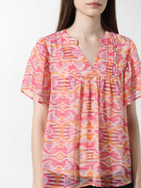 Women's Pink Woven Casual Printed Regular Fit Half Sleeves Top