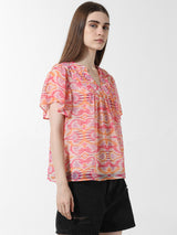Women's Pink Woven Casual Printed Regular Fit Half Sleeves Top
