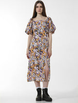 Women's Purple Woven Casual Printed Maxi Length Half Sleeves Dress