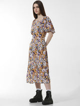 Women's Purple Woven Casual Printed Maxi Length Half Sleeves Dress