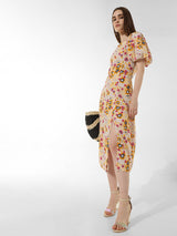 Women's Yellow Woven Casual Printed Maxi Length Half Sleeves Dress