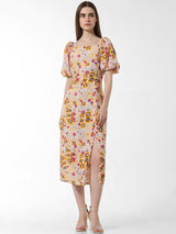 Women's Yellow Woven Casual Printed Maxi Length Half Sleeves Dress
