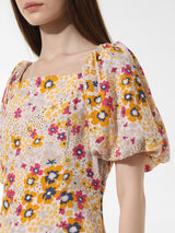 Women's Yellow Woven Casual Printed Maxi Length Half Sleeves Dress