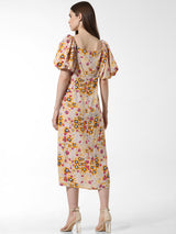 Women's Yellow Woven Casual Printed Maxi Length Half Sleeves Dress