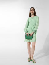 Women's Green Woven Casual Solid Above Knee Full Sleeves Dress