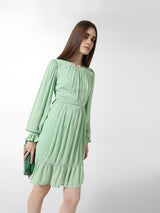 Women's Green Woven Casual Solid Above Knee Full Sleeves Dress