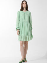 Women's Green Woven Casual Solid Above Knee Full Sleeves Dress