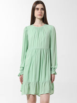 Women's Green Woven Casual Solid Above Knee Full Sleeves Dress