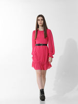 Women's Pink Woven Casual Solid Above Knee Full Sleeves Dress