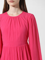 Women's Pink Woven Casual Solid Above Knee Full Sleeves Dress