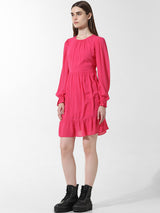 Women's Pink Woven Casual Solid Above Knee Full Sleeves Dress