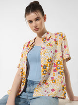 Women's Yellow Woven Casual Printed Regular Fit Half Sleeves Shirt
