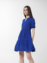 Women's Blue Woven Casual Solid Above Knee Half Sleeves Dress